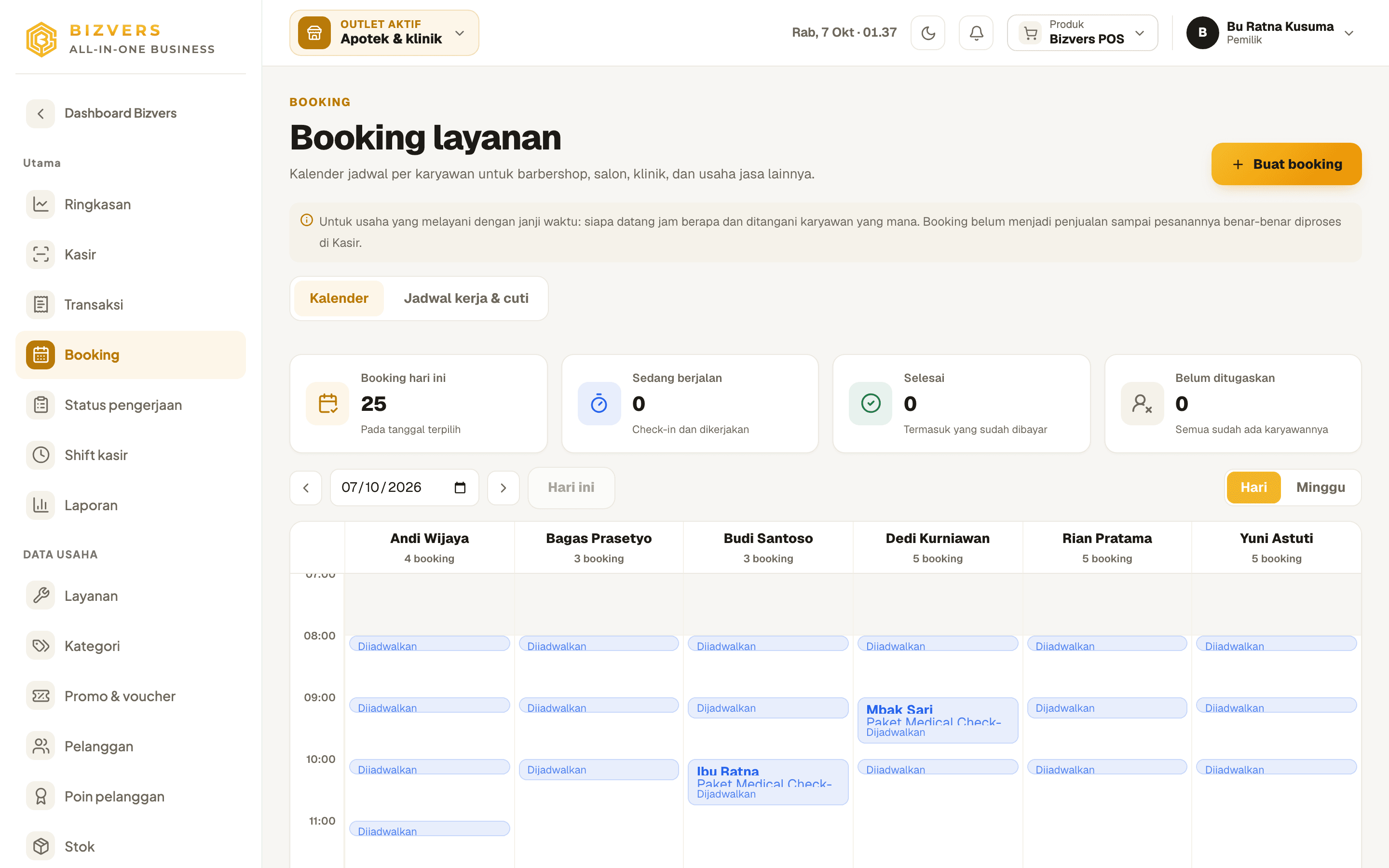 Layar Booking Bizvers untuk klinik: kalender janji temu per tenaga kesehatan