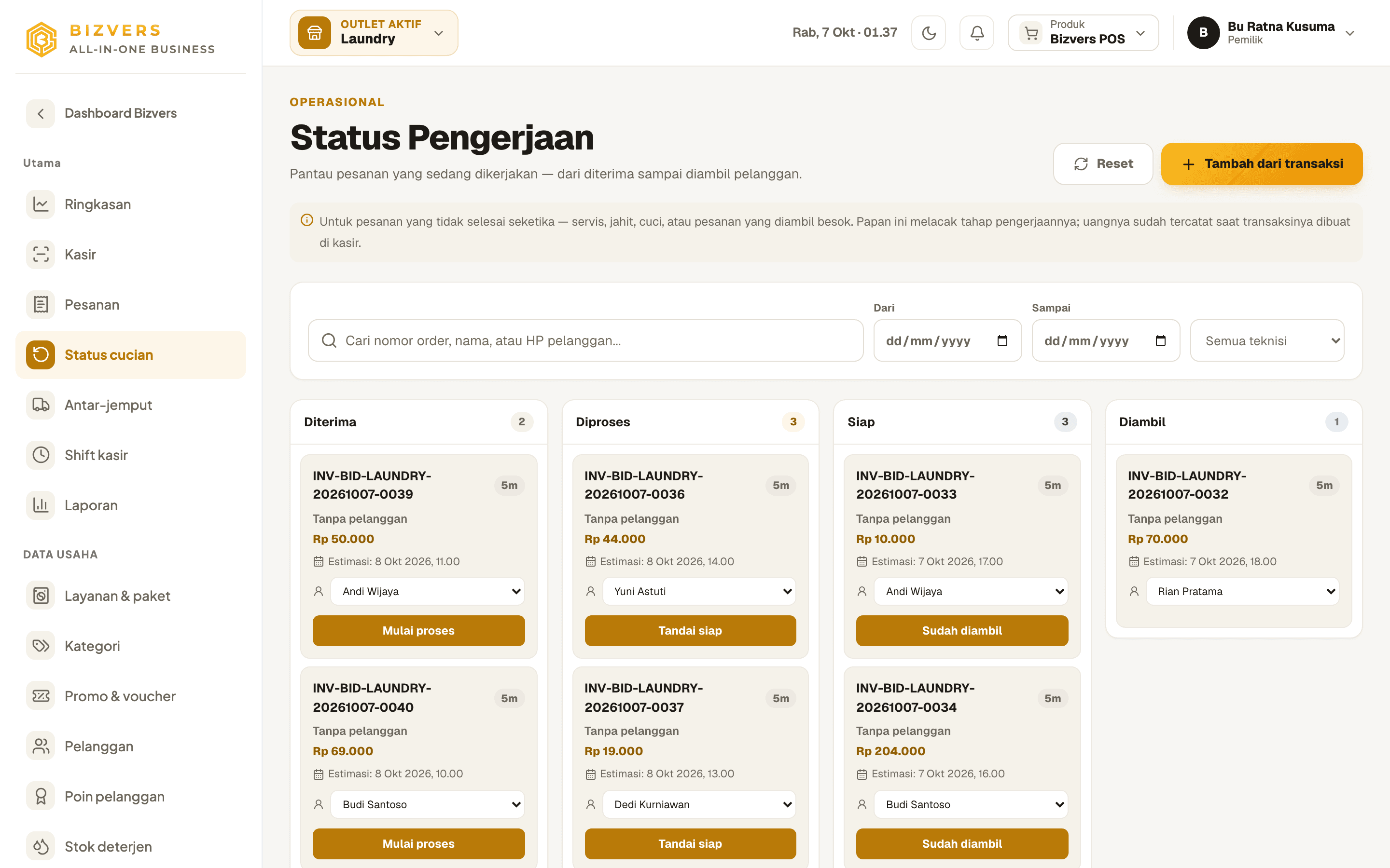 Layar Status cucian Bizvers: pesanan per tahap diterima, diproses, siap, dan diambil